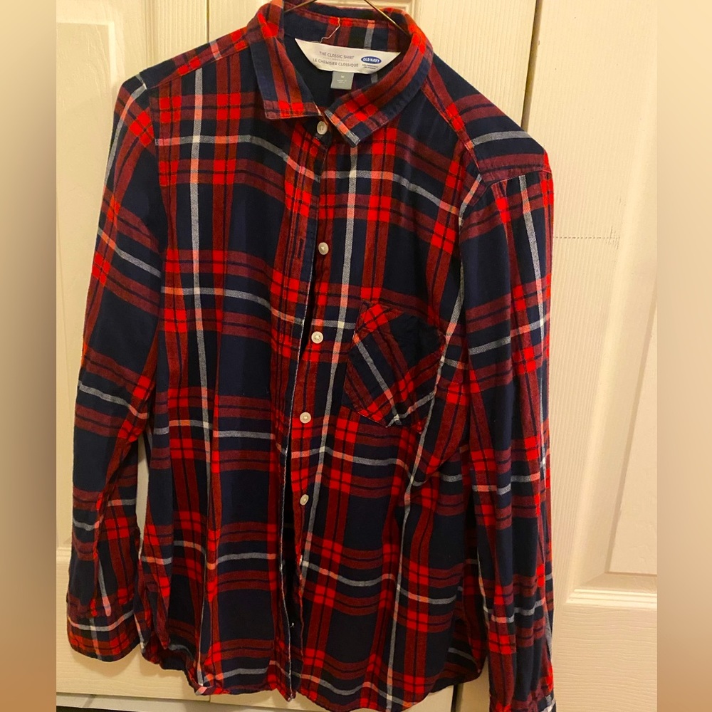 Lightweight red and navy blue button down flannel
